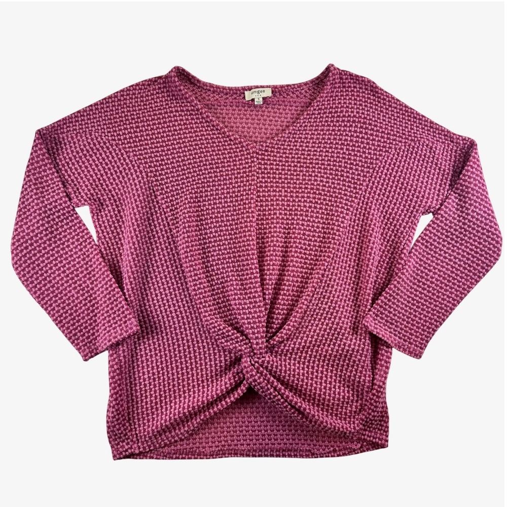 Umgee USA Magenta Pink Popcorn Knit Twist Front V-Neck Longsleeve Top Sz Small